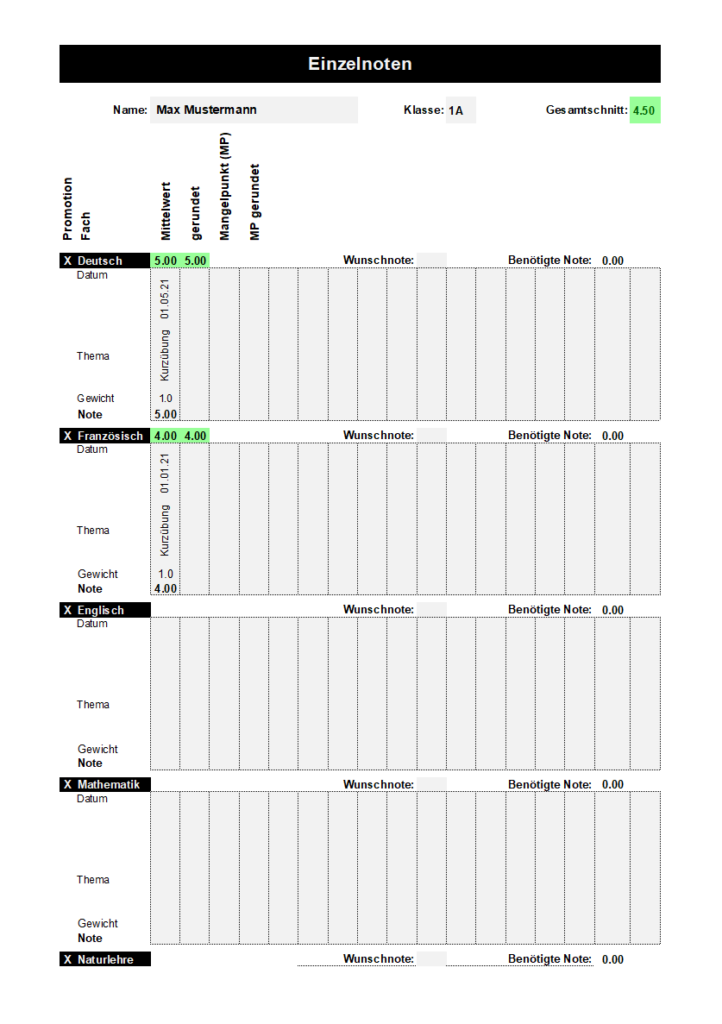 Notenblatt Schulnoten Excel
